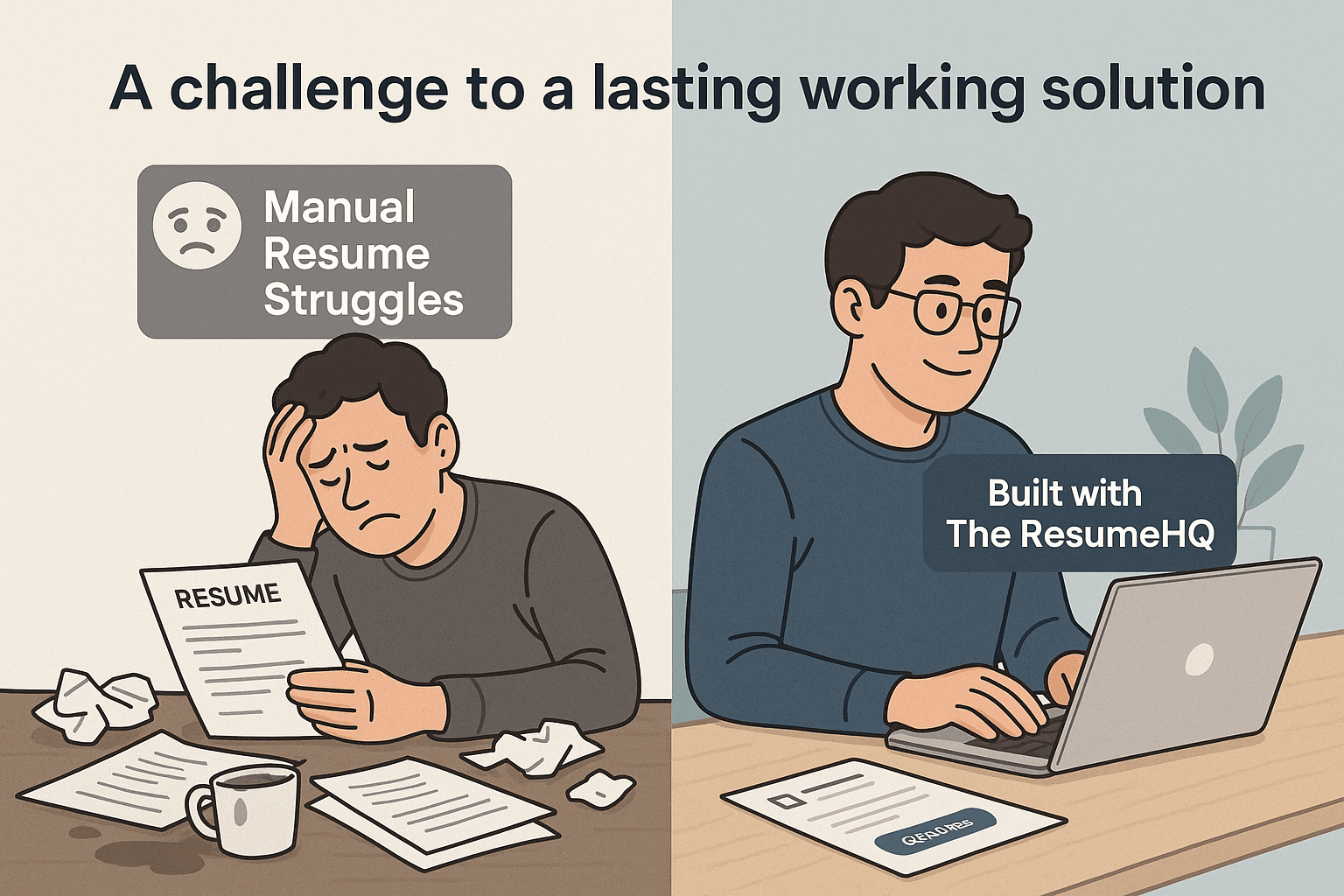 Comparison showing manual resume struggles versus using The ResumeHQ